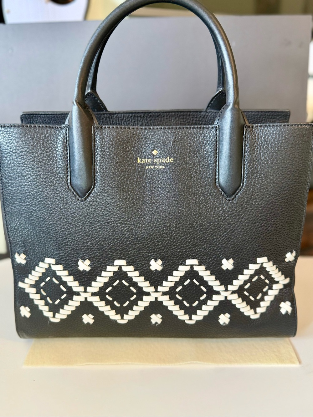 Kate Spade Black Pebbled Leather Satchel White Woven Argyle Detail
